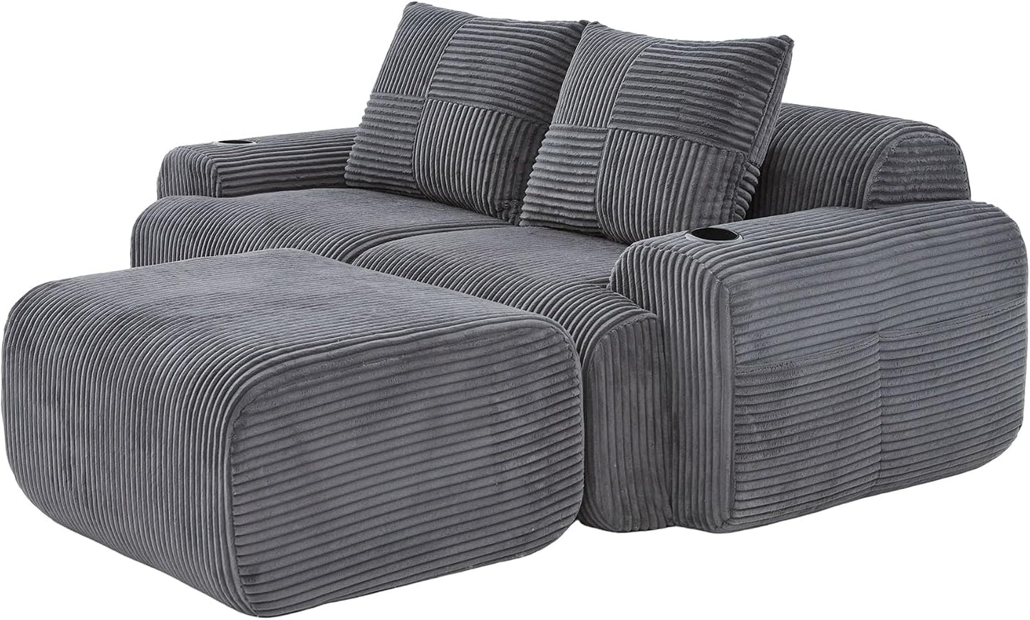Kayan Modular 2-Seater Corduroy Sofa with Ottomans, Freely Configurable Sofa Set with Cup Holders and Side Storage Pockets, Ideal for Living Rooms, Family Rooms, and Other Spaces，Dark gray