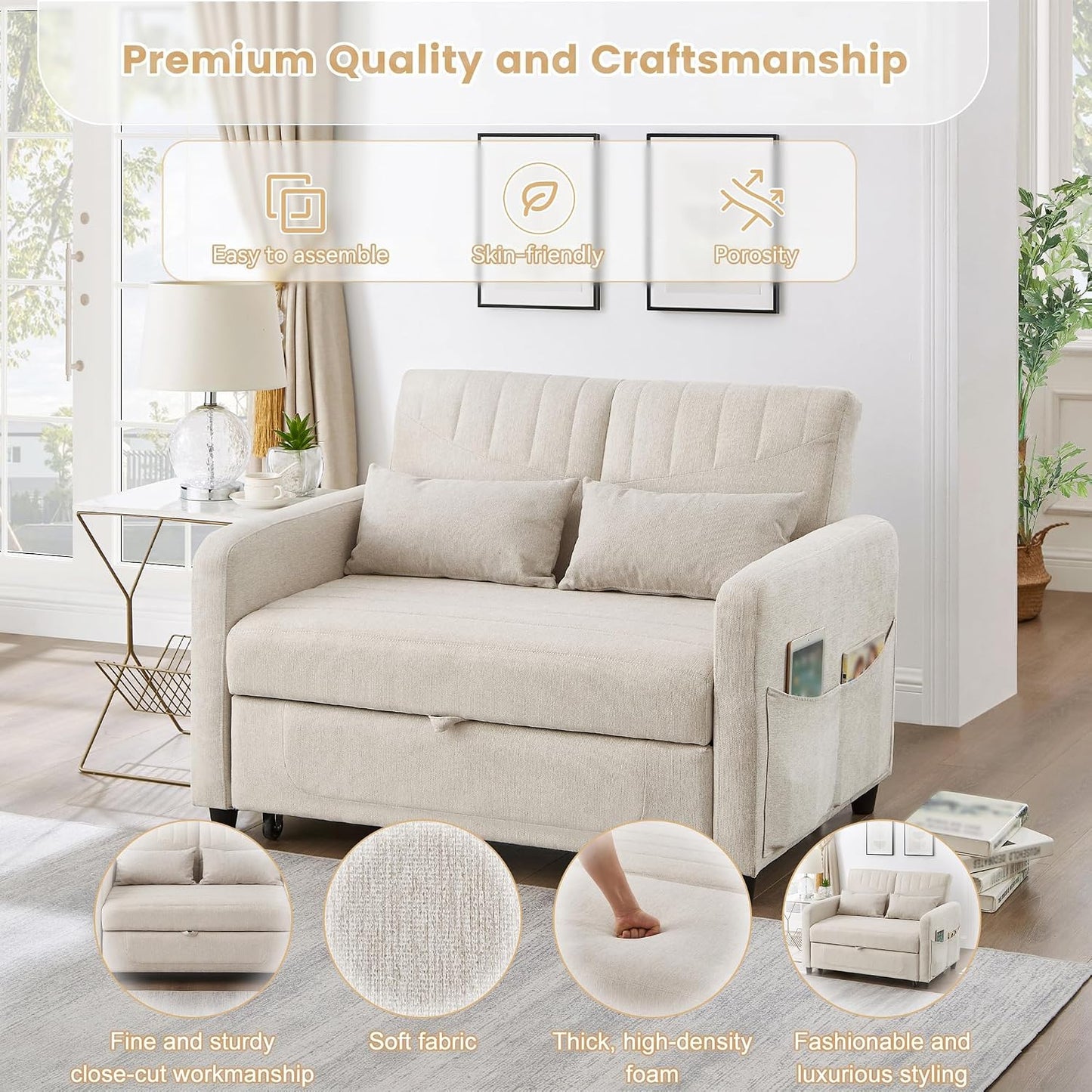 Merax Convertible 2 Seater Sofa Bed, Pull Out Sleeper Sofa with 3 Level Adjustable Backrest, Breathable Cotton Linen Fabric, Space Saving Fold Out Guest Bed for Living Room, Beige