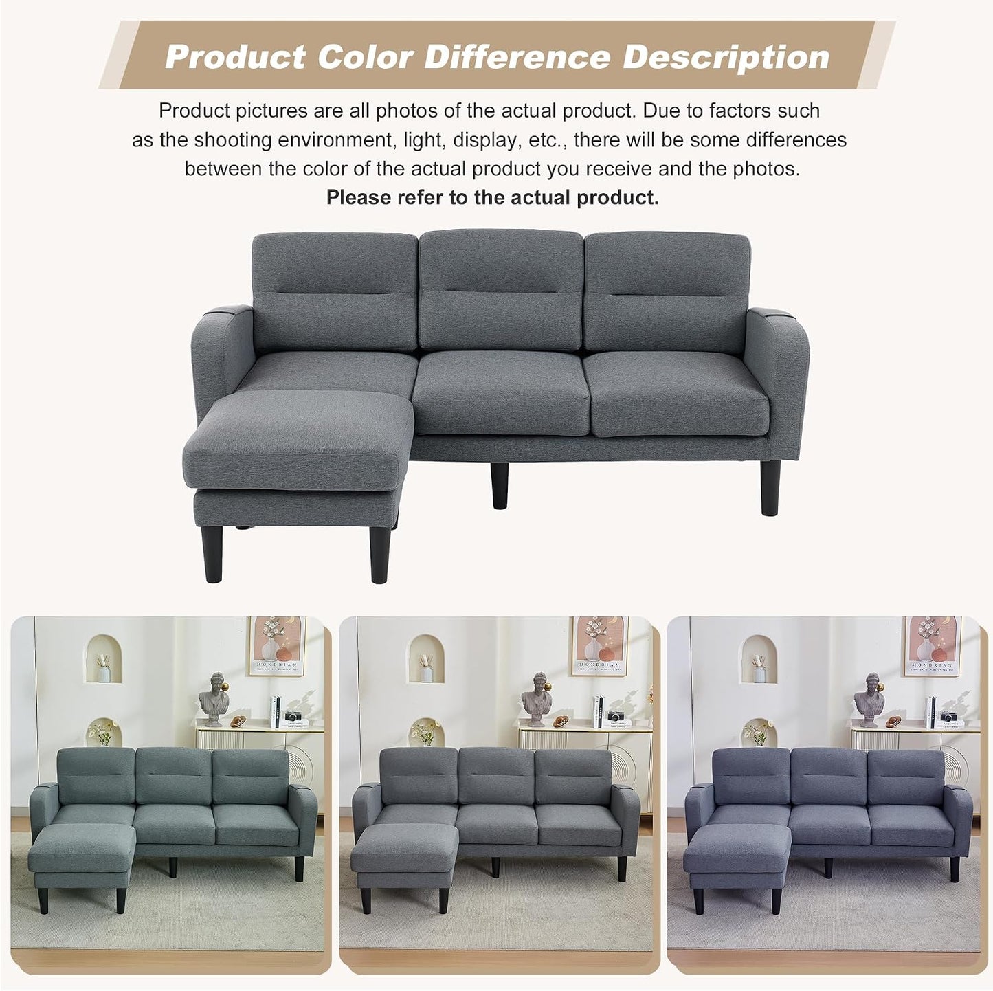 Kayan Grey Cotton and Linen Sofa Corner Sofa,L Shaped Couch,Modular Fiexible Sectional 3 Seater Sofa With Chaise Lounge for Living Room,Side Storage Pockets, 10 Sofa Legs，Gray