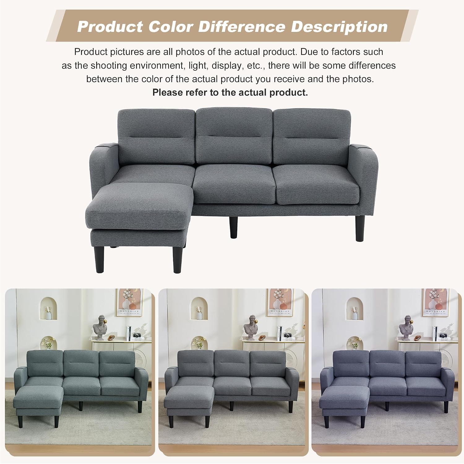 Kayan Grey Cotton and Linen Sofa Corner Sofa,L Shaped Couch,Modular Fiexible Sectional 3 Seater Sofa With Chaise Lounge for Living Room,Side Storage Pockets, 10 Sofa Legs，Gray
