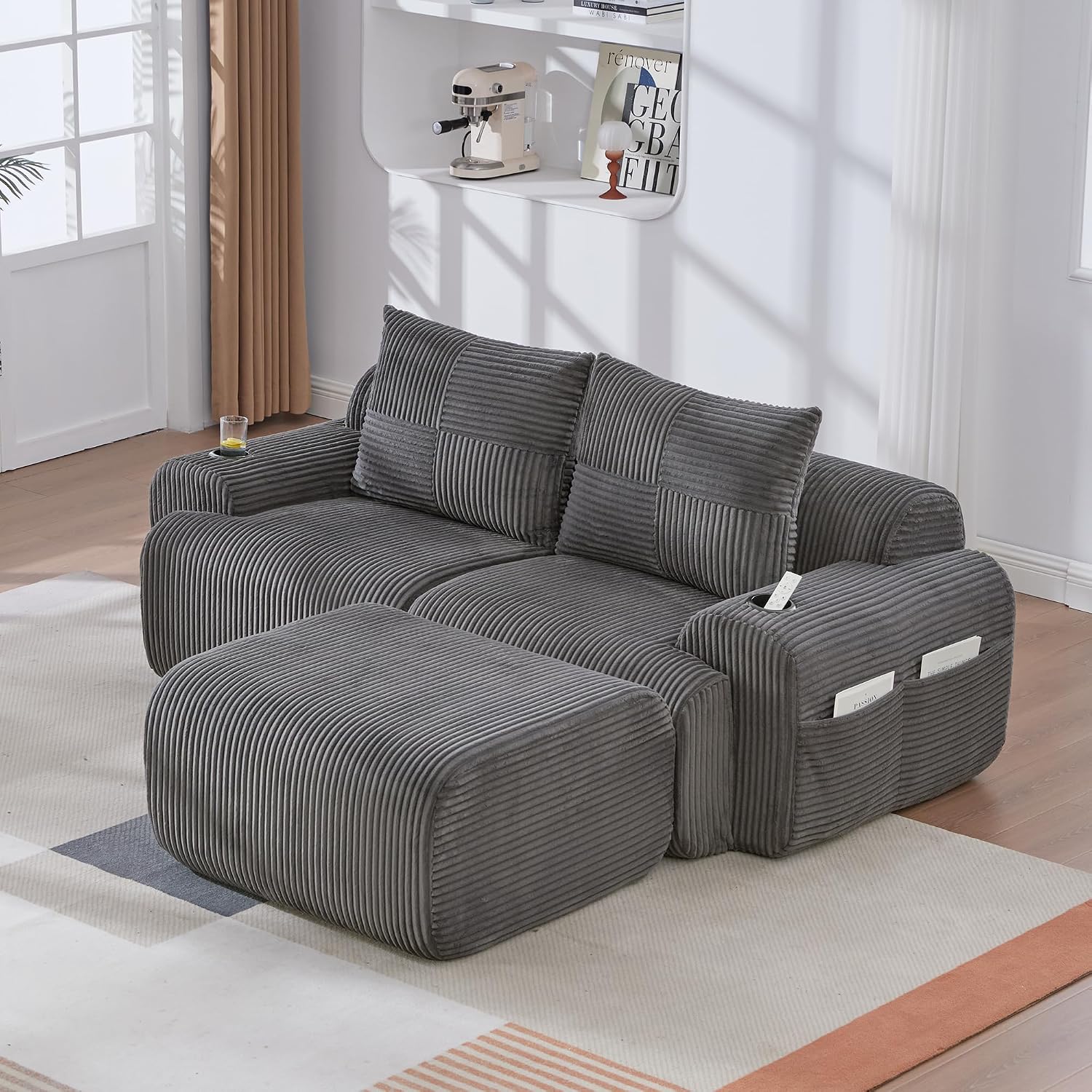 Kayan Modular 2-Seater Corduroy Sofa with Ottomans, Freely Configurable Sofa Set with Cup Holders and Side Storage Pockets, Ideal for Living Rooms, Family Rooms, and Other Spaces，Dark gray
