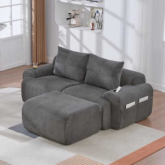 Kayan Modular 2-Seater Corduroy Sofa with Ottomans, Freely Configurable Sofa Set with Cup Holders and Side Storage Pockets, Ideal for Living Rooms, Family Rooms, and Other Spaces，Dark gray