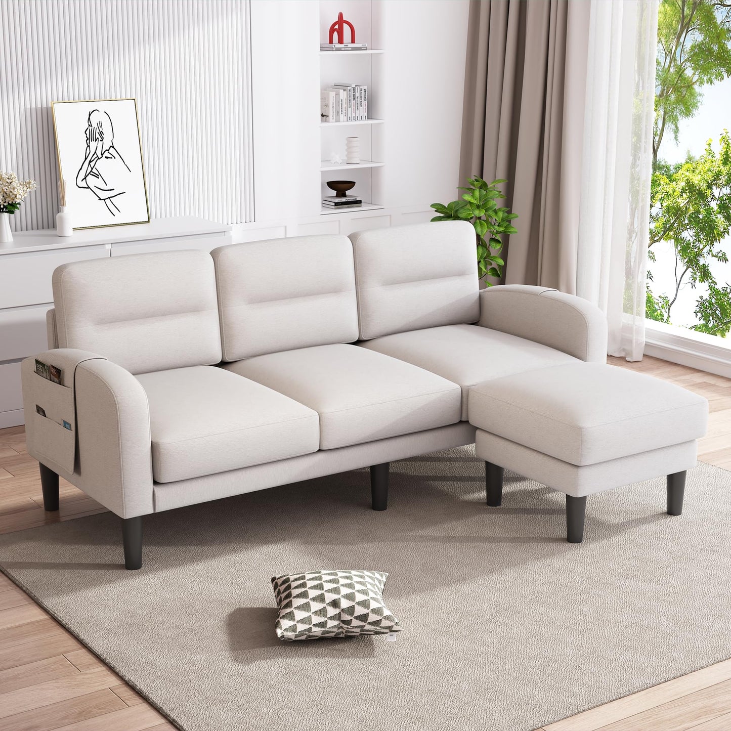 Kayan Grey Cotton and Linen Sofa Corner Sofa,L Shaped Couch,Modular Fiexible Sectional 3 Seater Sofa With Chaise Lounge for Living Room,Side Storage Pockets, 10 Sofa Legs，Gray