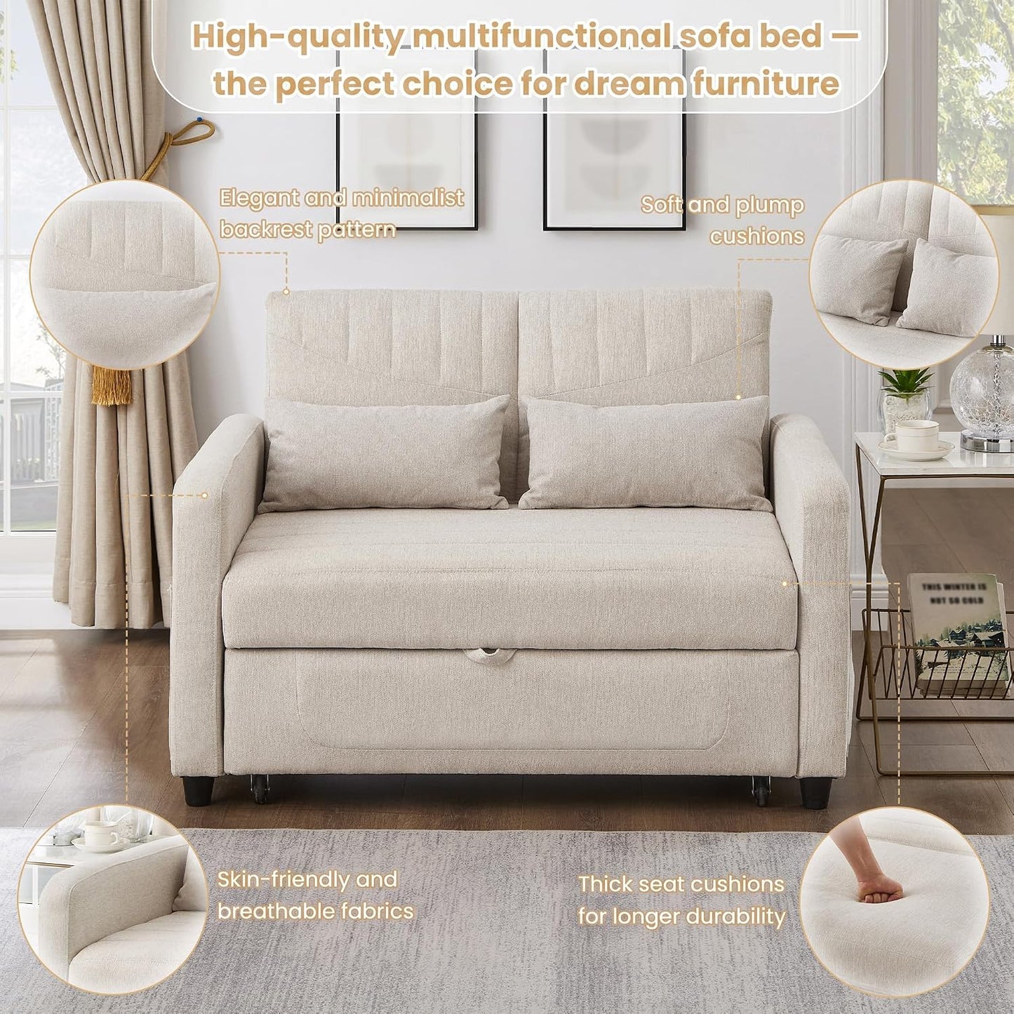 Merax Convertible 2 Seater Sofa Bed, Pull Out Sleeper Sofa with 3 Level Adjustable Backrest, Breathable Cotton Linen Fabric, Space Saving Fold Out Guest Bed for Living Room, Beige