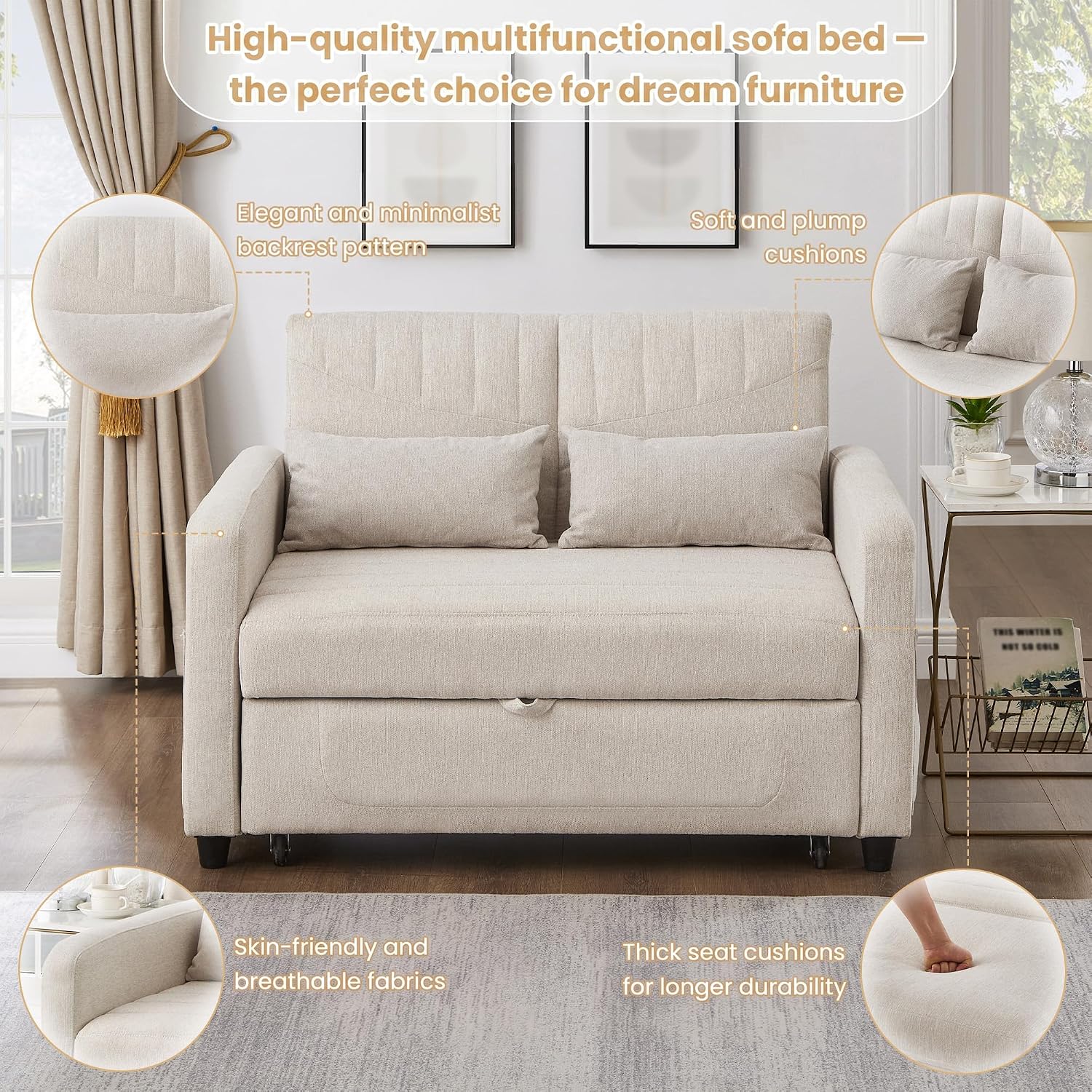 Merax Convertible 2 Seater Sofa Bed, Pull Out Sleeper Sofa with 3 Level Adjustable Backrest, Breathable Cotton Linen Fabric, Space Saving Fold Out Guest Bed for Living Room, Beige