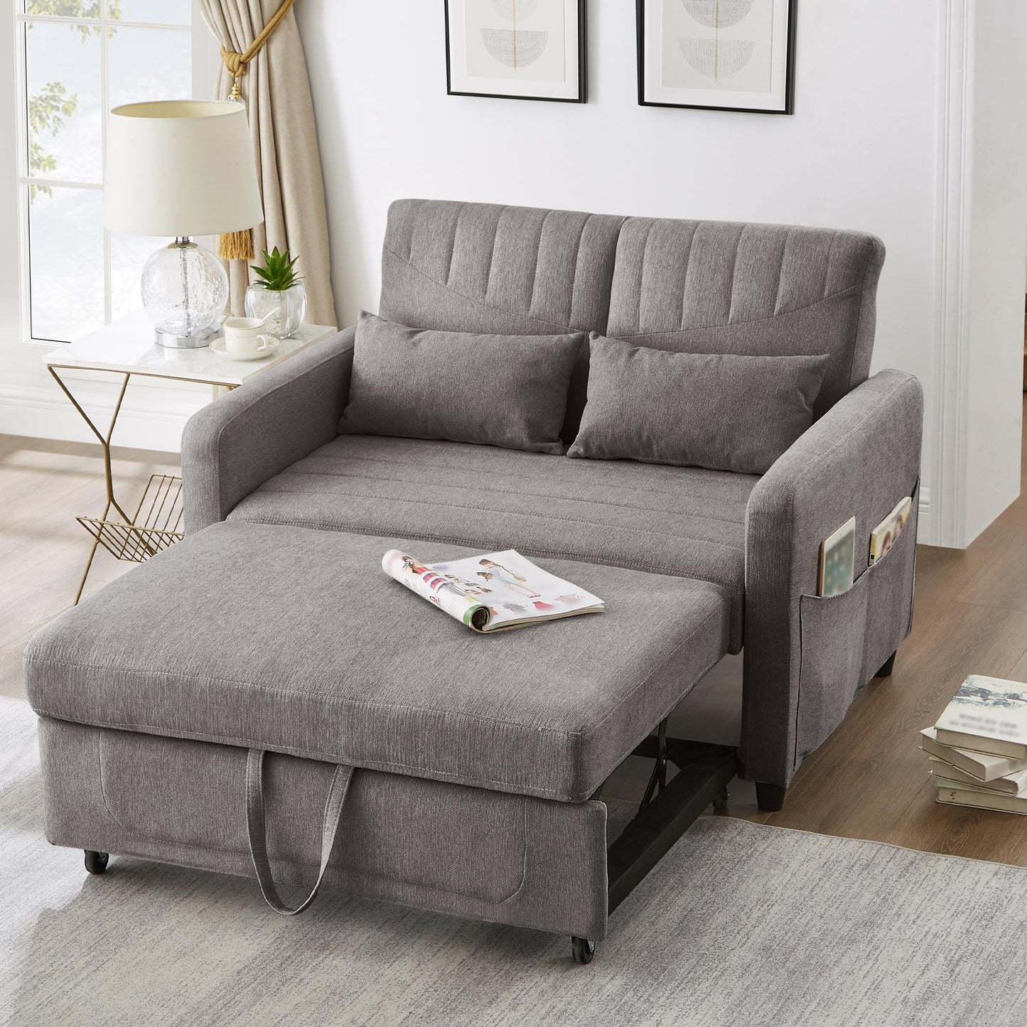 Merax Convertible 2 Seater Sofa Bed, Pull Out Sleeper Sofa with 3 Level Adjustable Backrest, Breathable Cotton Linen Fabric, Space Saving Fold Out Guest Bed for Living Room, Beige