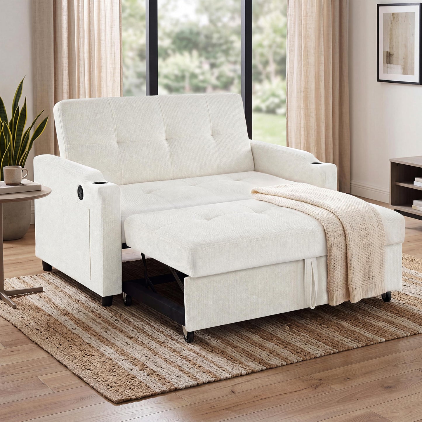 Merax Convertible 2 Seater Sofa Bed, Pull Out Sleeper Sofa with 3 Level Adjustable Backrest, Breathable Cotton Linen Fabric, Space Saving Fold Out Guest Bed for Living Room, Beige