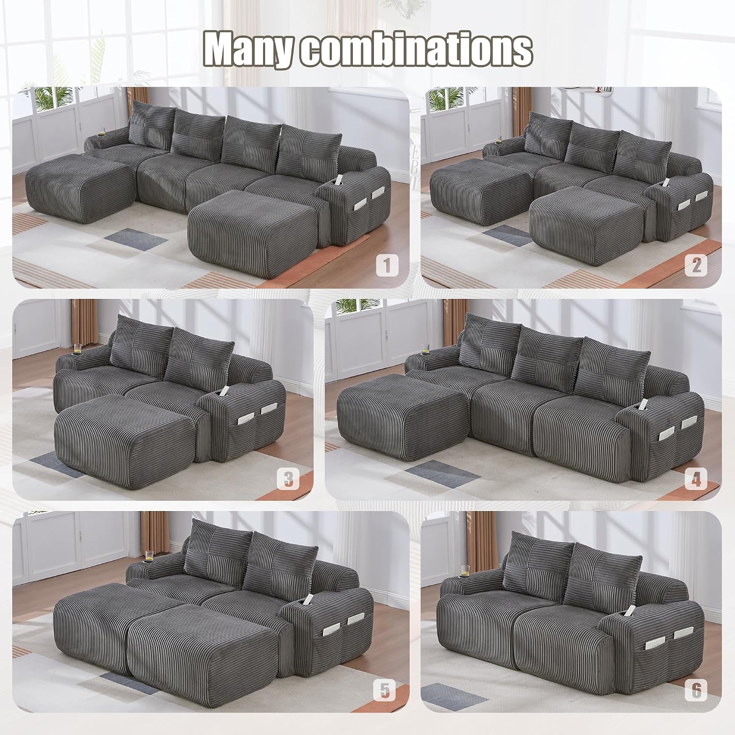 Kayan Modular 2-Seater Corduroy Sofa with Ottomans, Freely Configurable Sofa Set with Cup Holders and Side Storage Pockets, Ideal for Living Rooms, Family Rooms, and Other Spaces，Dark gray