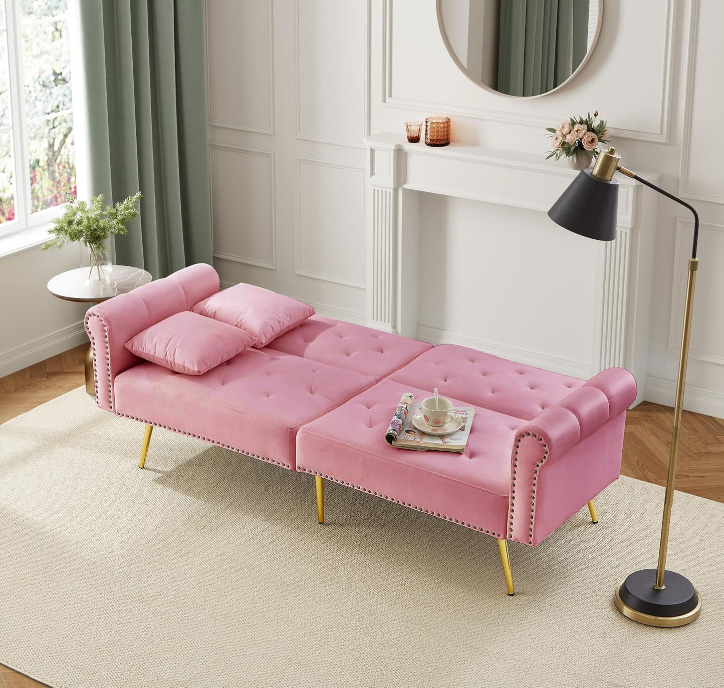 Kayan Modern 2-Seater Sofa Bed – Velvet Upholstery, 3-Stage Adjustable Backrest & Gold-Plated Metal Feet Stylish Sofa with Sleeping Function – Space-Saving, Durable, Ideal for Small Spaces，Pink