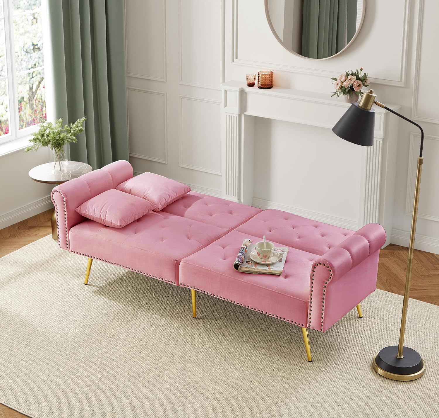 Kayan Modern 2-Seater Sofa Bed – Velvet Upholstery, 3-Stage Adjustable Backrest & Gold-Plated Metal Feet Stylish Sofa with Sleeping Function – Space-Saving, Durable, Ideal for Small Spaces，Pink
