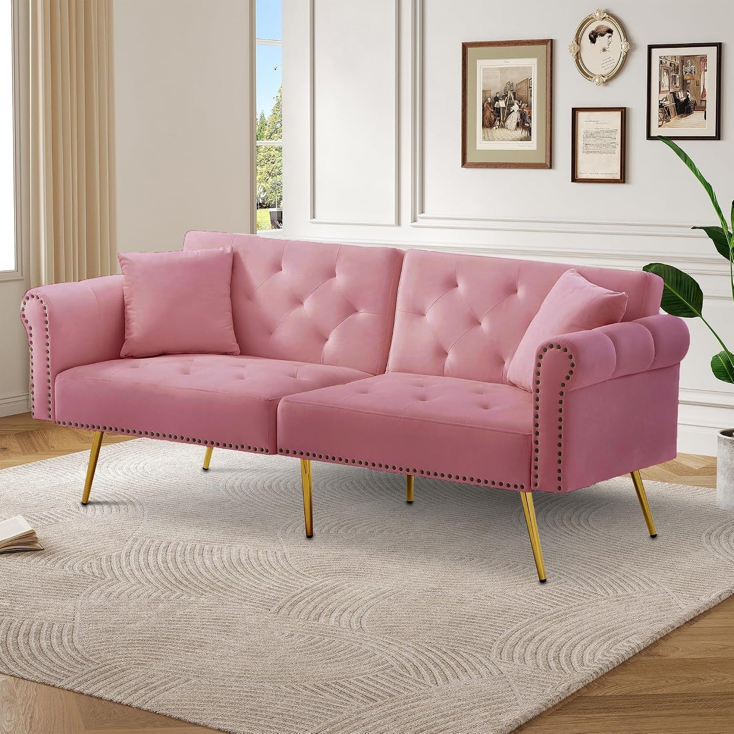 Kayan Modern 2-Seater Sofa Bed – Velvet Upholstery, 3-Stage Adjustable Backrest & Gold-Plated Metal Feet Stylish Sofa with Sleeping Function – Space-Saving, Durable, Ideal for Small Spaces，Pink