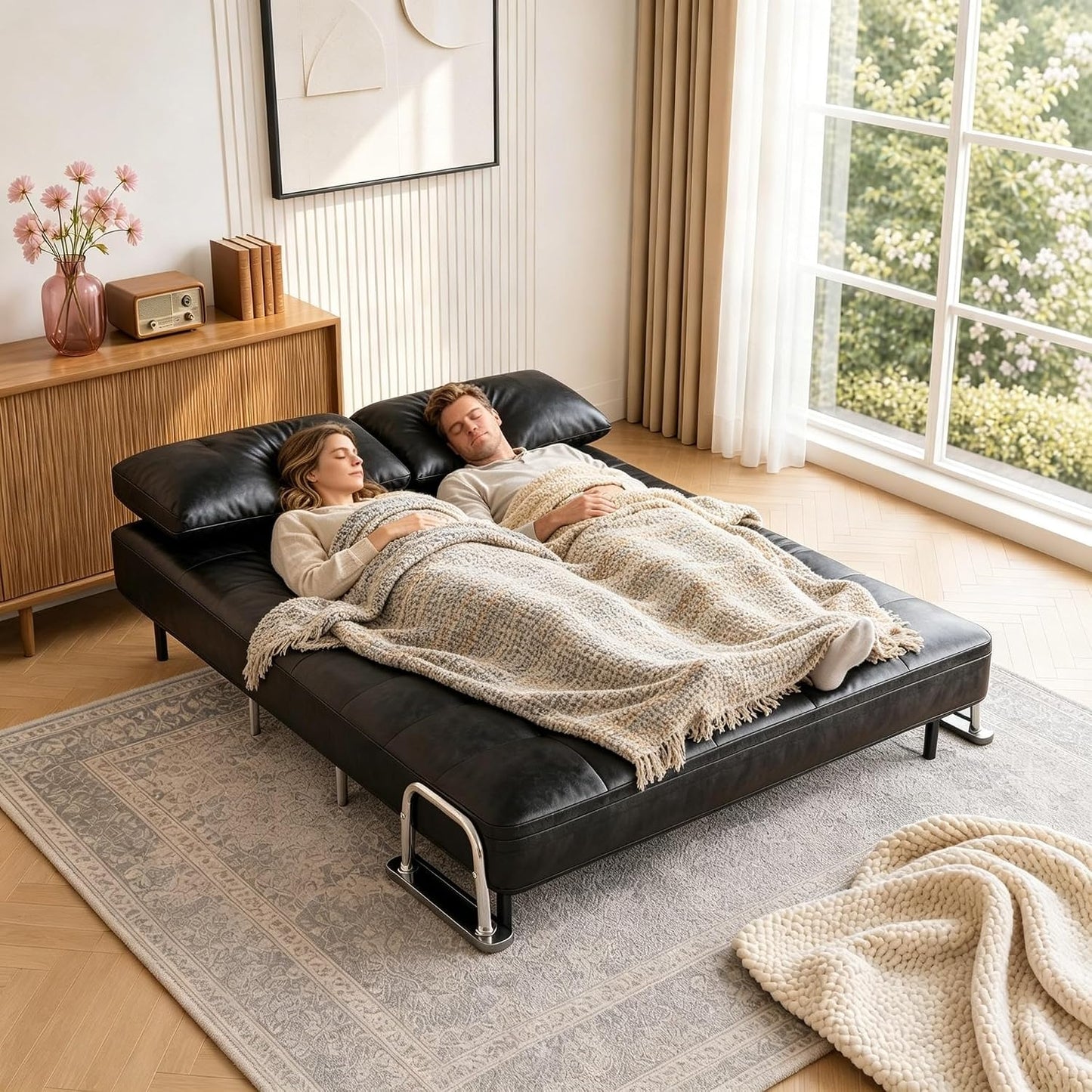 2 Seater Convertible Sofa Bed,150cm Faux Oil Wax Leather Sofa (Black)
