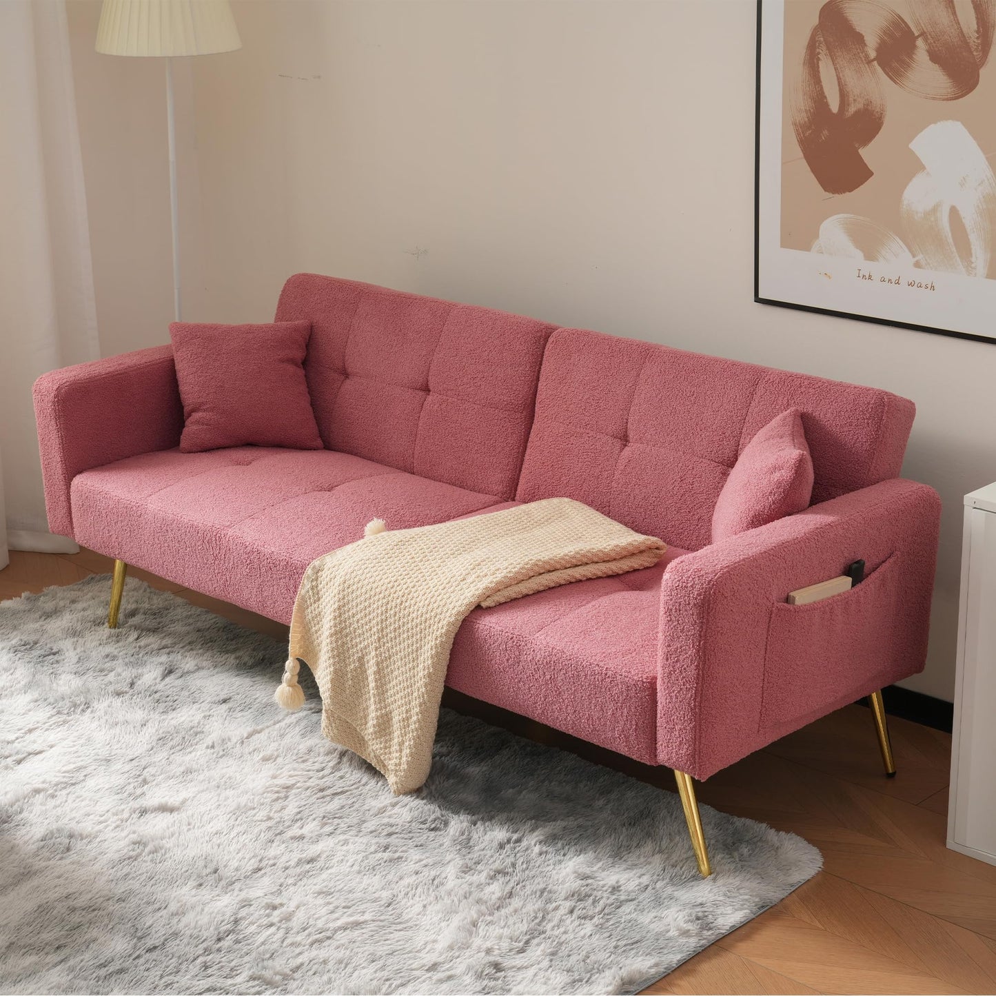 Kayan The sofa bed has a bed function, three adjustable backrest angles, gold legs, cushions and side storage pockets，Beige
