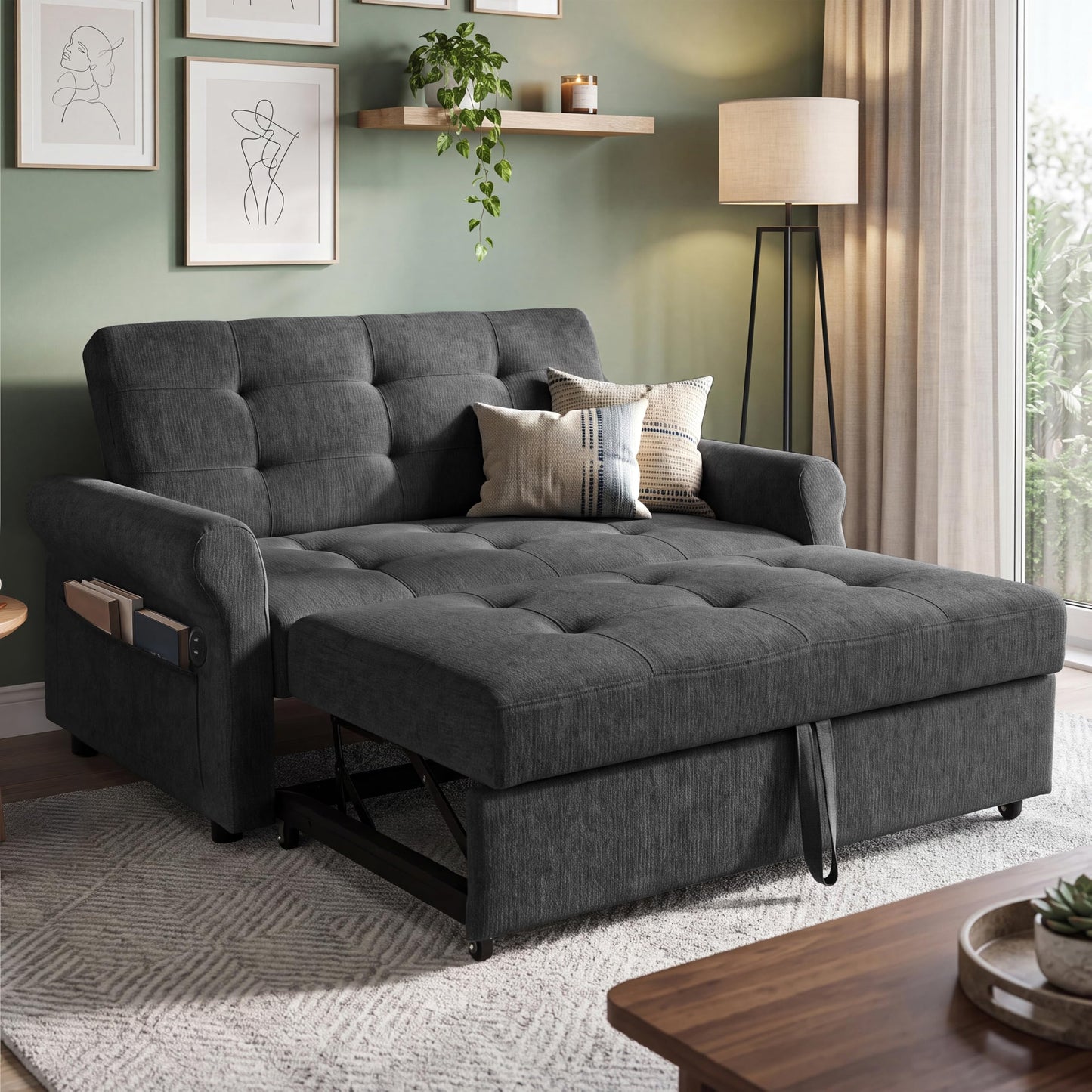 Merax Convertible 2 Seater Sofa Bed, Pull Out Sleeper Sofa with 3 Level Adjustable Backrest, Breathable Cotton Linen Fabric, Space Saving Fold Out Guest Bed for Living Room, Beige