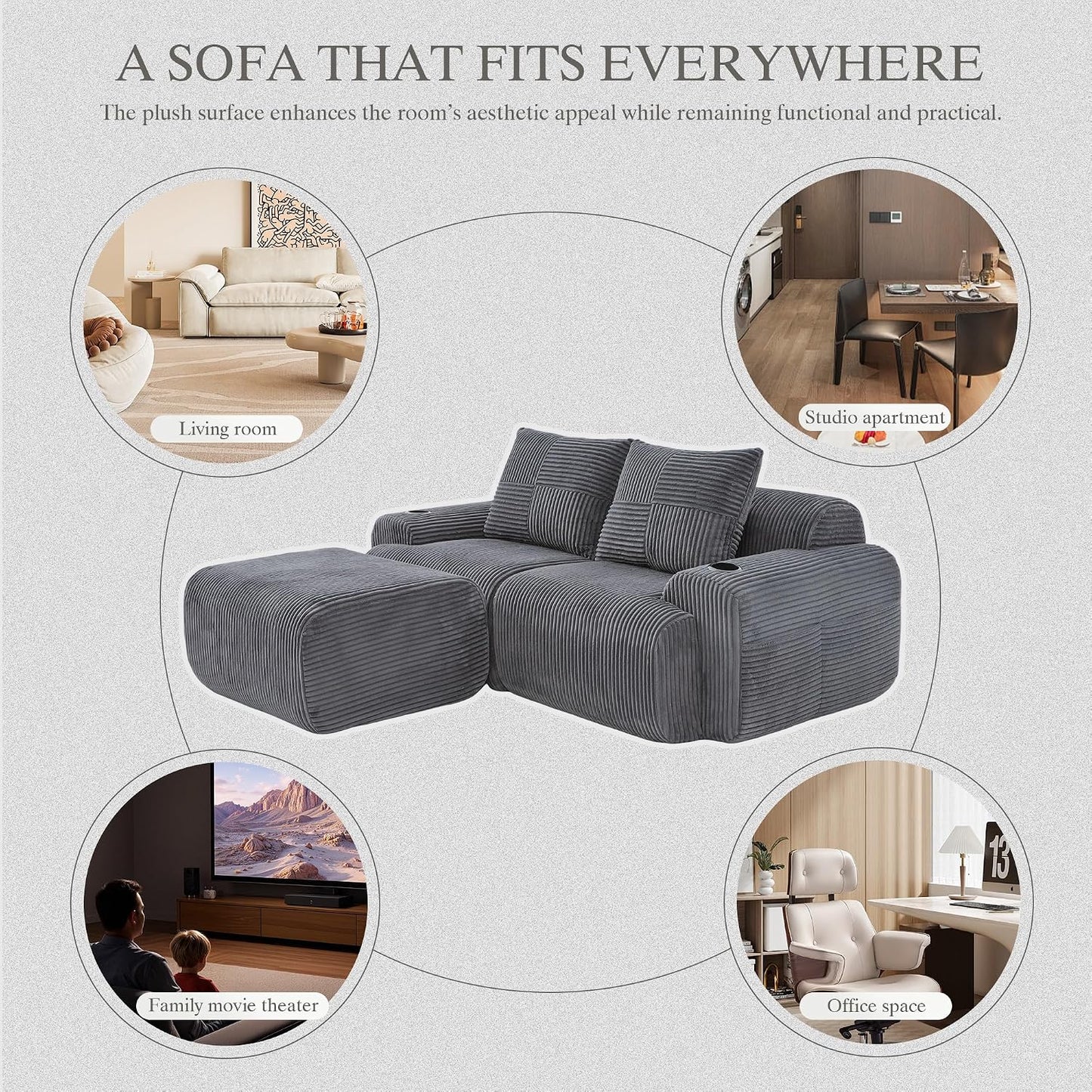 Kayan Modular 2-Seater Corduroy Sofa with Ottomans, Freely Configurable Sofa Set with Cup Holders and Side Storage Pockets, Ideal for Living Rooms, Family Rooms, and Other Spaces，Dark gray