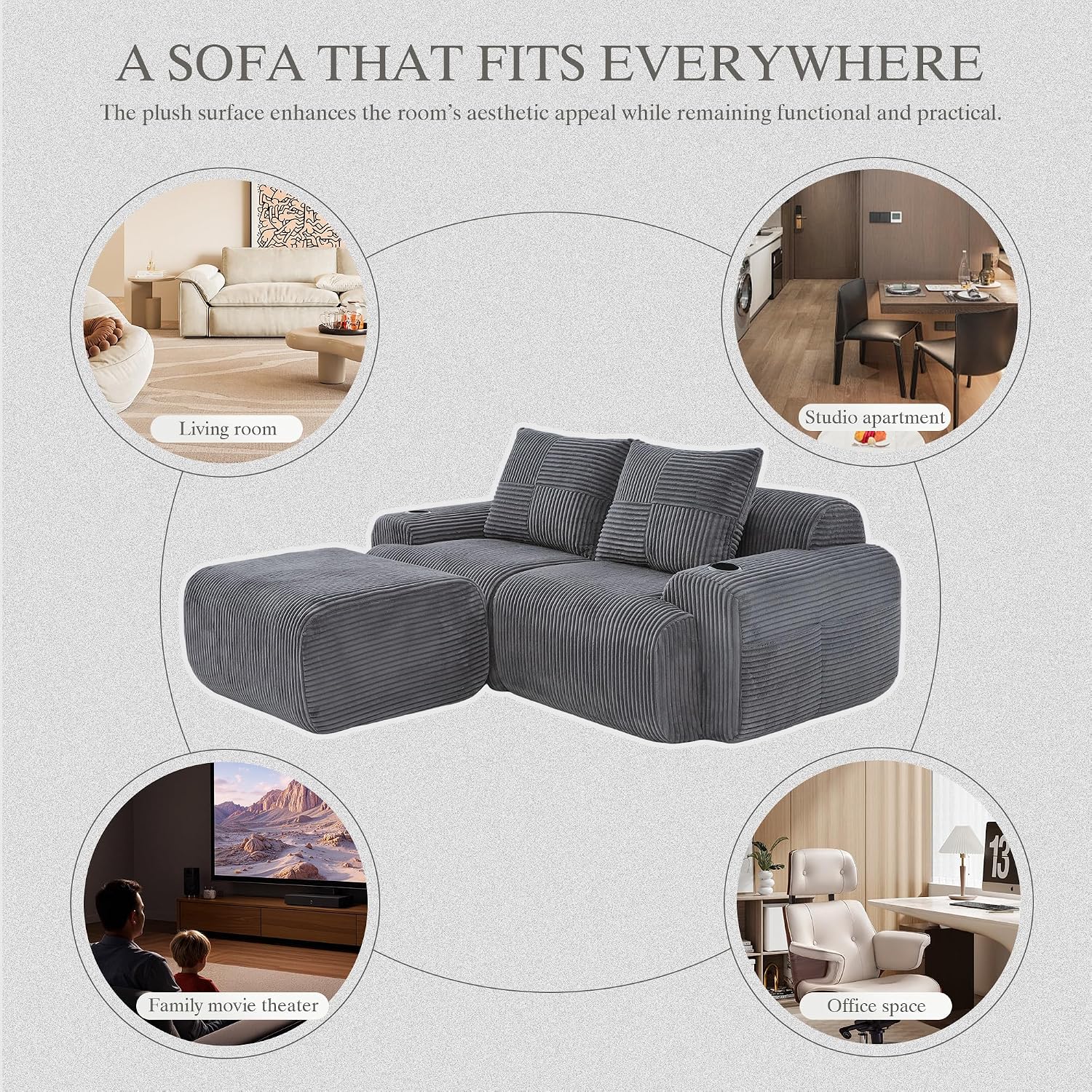 Kayan Modular 2-Seater Corduroy Sofa with Ottomans, Freely Configurable Sofa Set with Cup Holders and Side Storage Pockets, Ideal for Living Rooms, Family Rooms, and Other Spaces，Dark gray