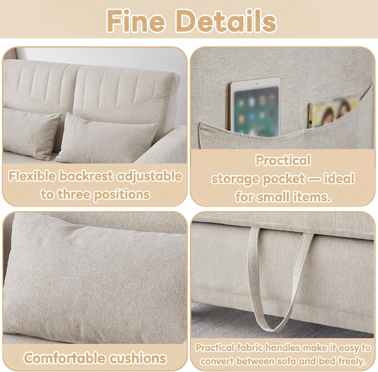 Merax Convertible 2 Seater Sofa Bed, Pull Out Sleeper Sofa with 3 Level Adjustable Backrest, Breathable Cotton Linen Fabric, Space Saving Fold Out Guest Bed for Living Room, Beige