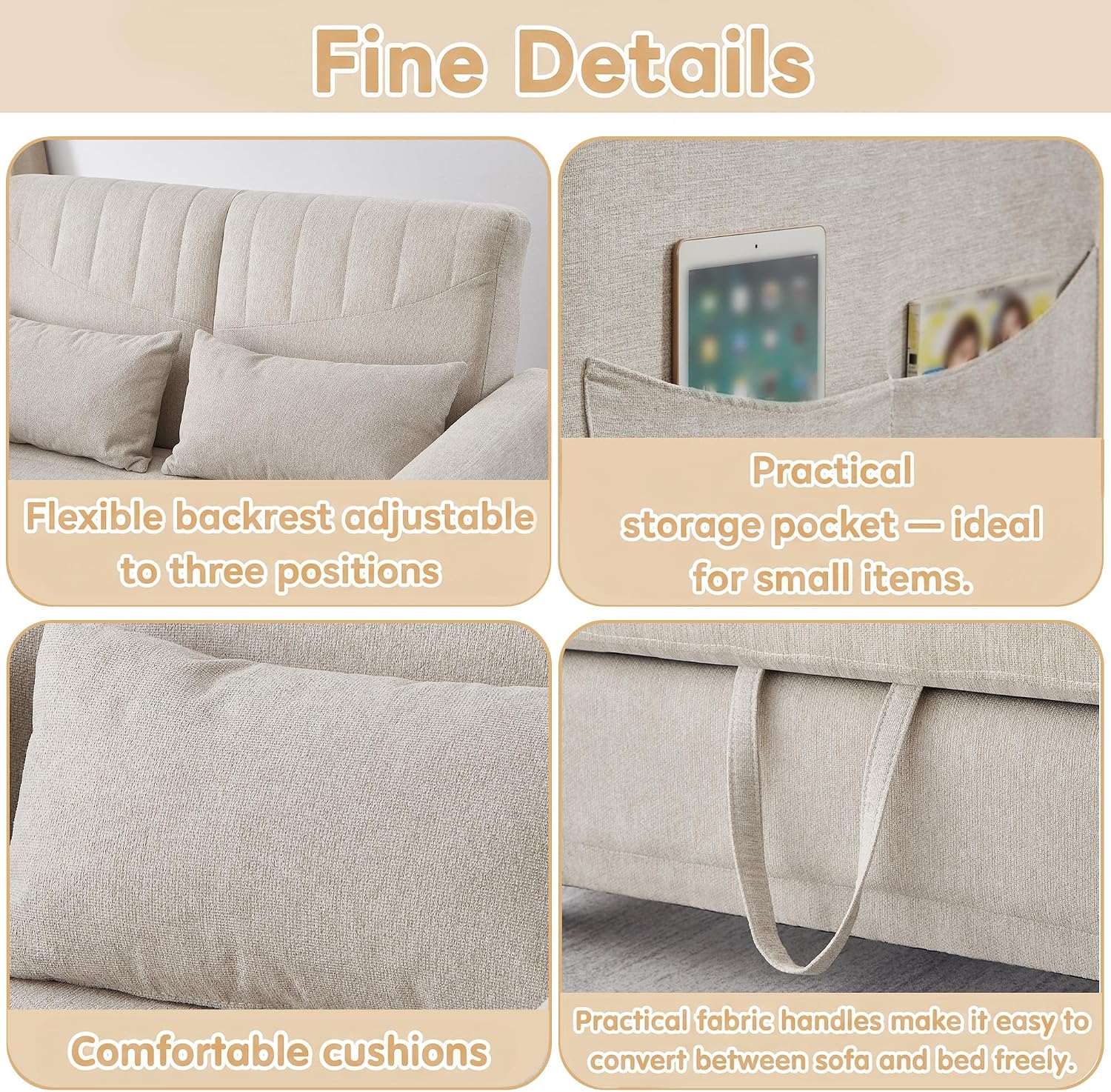 Merax Convertible 2 Seater Sofa Bed, Pull Out Sleeper Sofa with 3 Level Adjustable Backrest, Breathable Cotton Linen Fabric, Space Saving Fold Out Guest Bed for Living Room, Beige