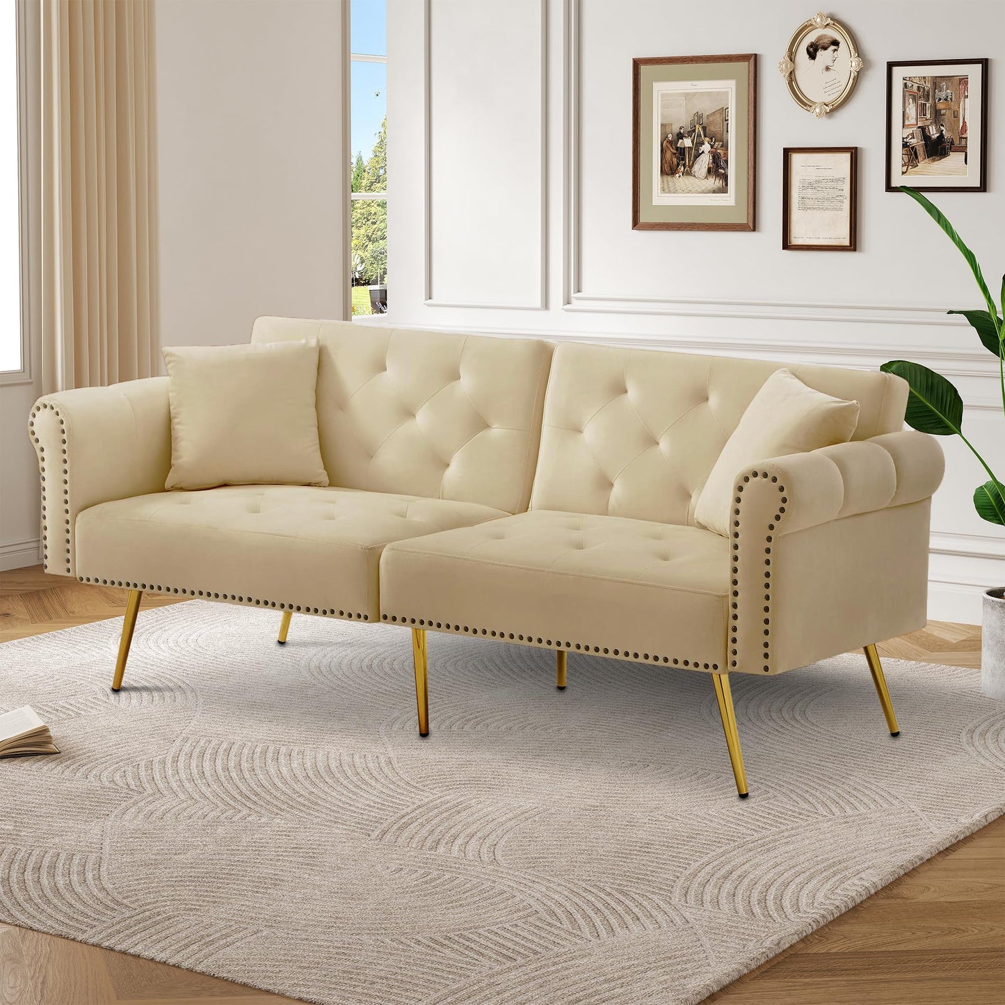 Kayan Modern 2-Seater Sofa Bed – Velvet Upholstery, 3-Stage Adjustable Backrest & Gold-Plated Metal Feet Stylish Sofa with Sleeping Function – Space-Saving, Durable, Ideal for Small Spaces，Pink