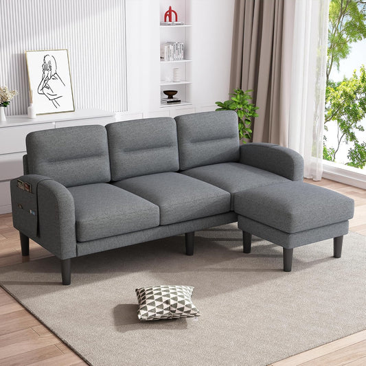 Kayan Grey Cotton and Linen Sofa Corner Sofa,L Shaped Couch,Modular Fiexible Sectional 3 Seater Sofa With Chaise Lounge for Living Room,Side Storage Pockets, 10 Sofa Legs，Gray