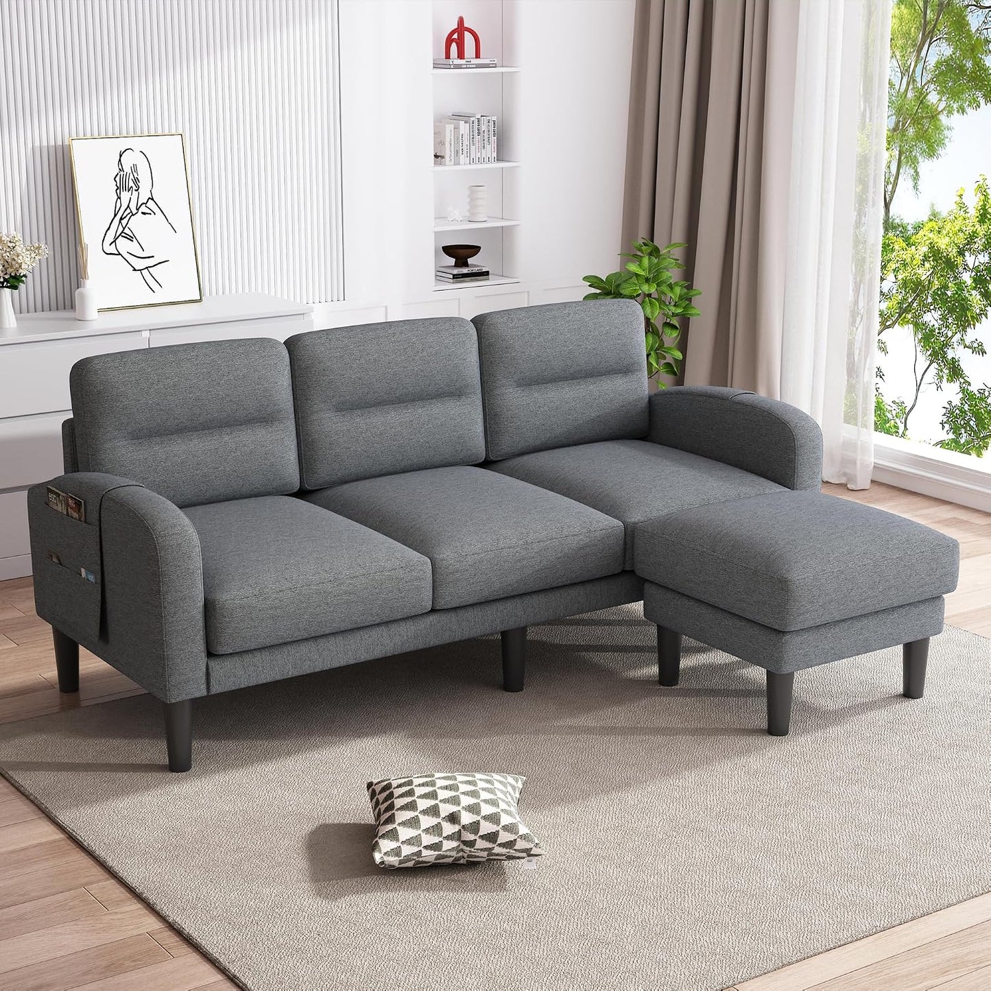 Kayan Grey Cotton and Linen Sofa Corner Sofa,L Shaped Couch,Modular Fiexible Sectional 3 Seater Sofa With Chaise Lounge for Living Room,Side Storage Pockets, 10 Sofa Legs，Gray