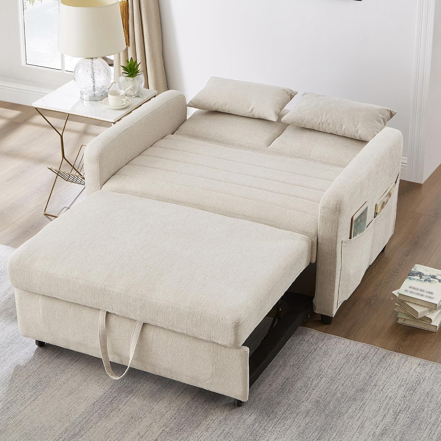 Merax Convertible 2 Seater Sofa Bed, Pull Out Sleeper Sofa with 3 Level Adjustable Backrest, Breathable Cotton Linen Fabric, Space Saving Fold Out Guest Bed for Living Room, Beige