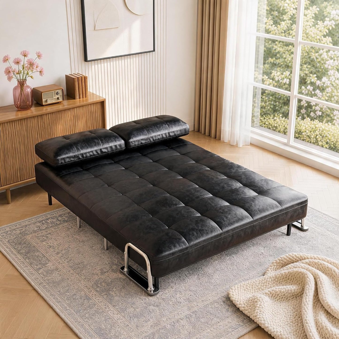 2 Seater Convertible Sofa Bed,150cm Faux Oil Wax Leather Sofa (Black)