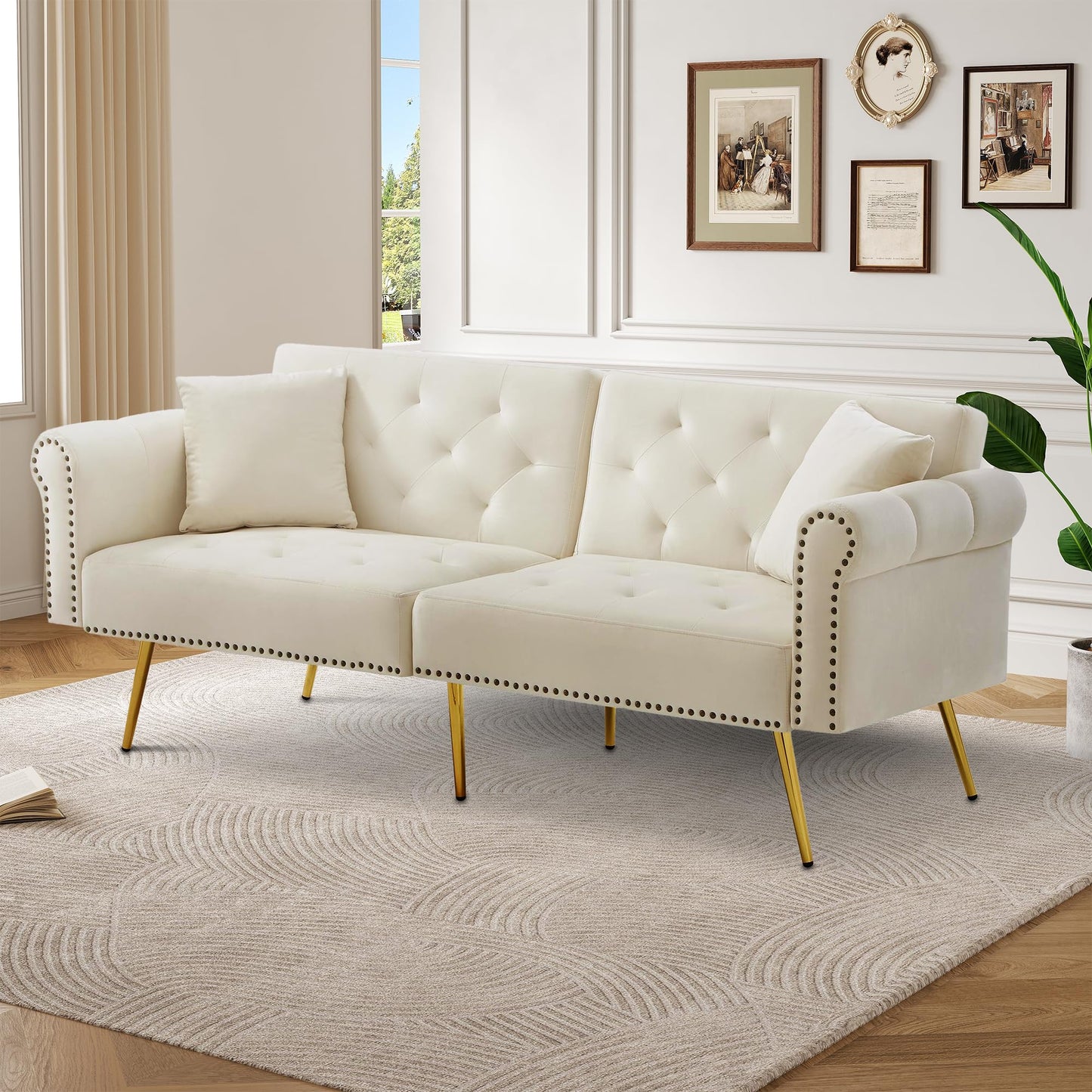 Kayan Modern 2-Seater Sofa Bed – Velvet Upholstery, 3-Stage Adjustable Backrest & Gold-Plated Metal Feet Stylish Sofa with Sleeping Function – Space-Saving, Durable, Ideal for Small Spaces，Pink